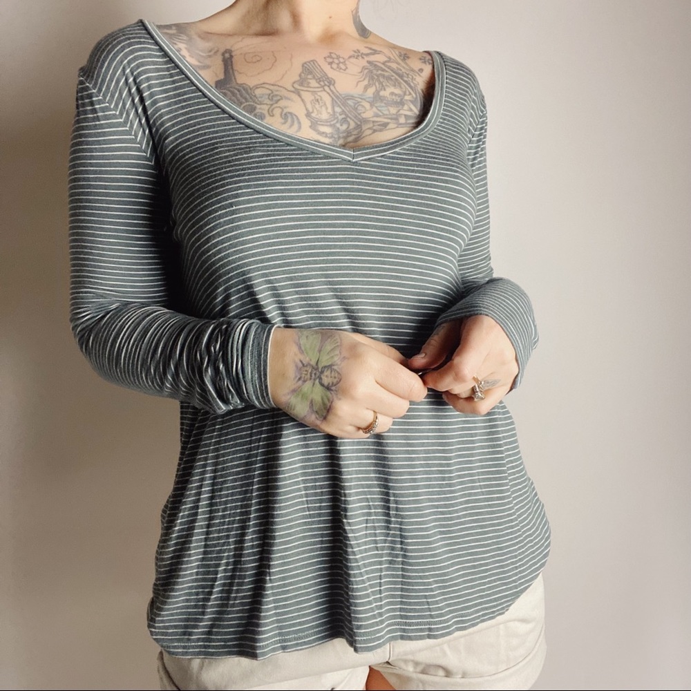 AEO Soft & Sexy Slub Stretch Jersey Striped Scoopneck Long Sleeve Tee Green S